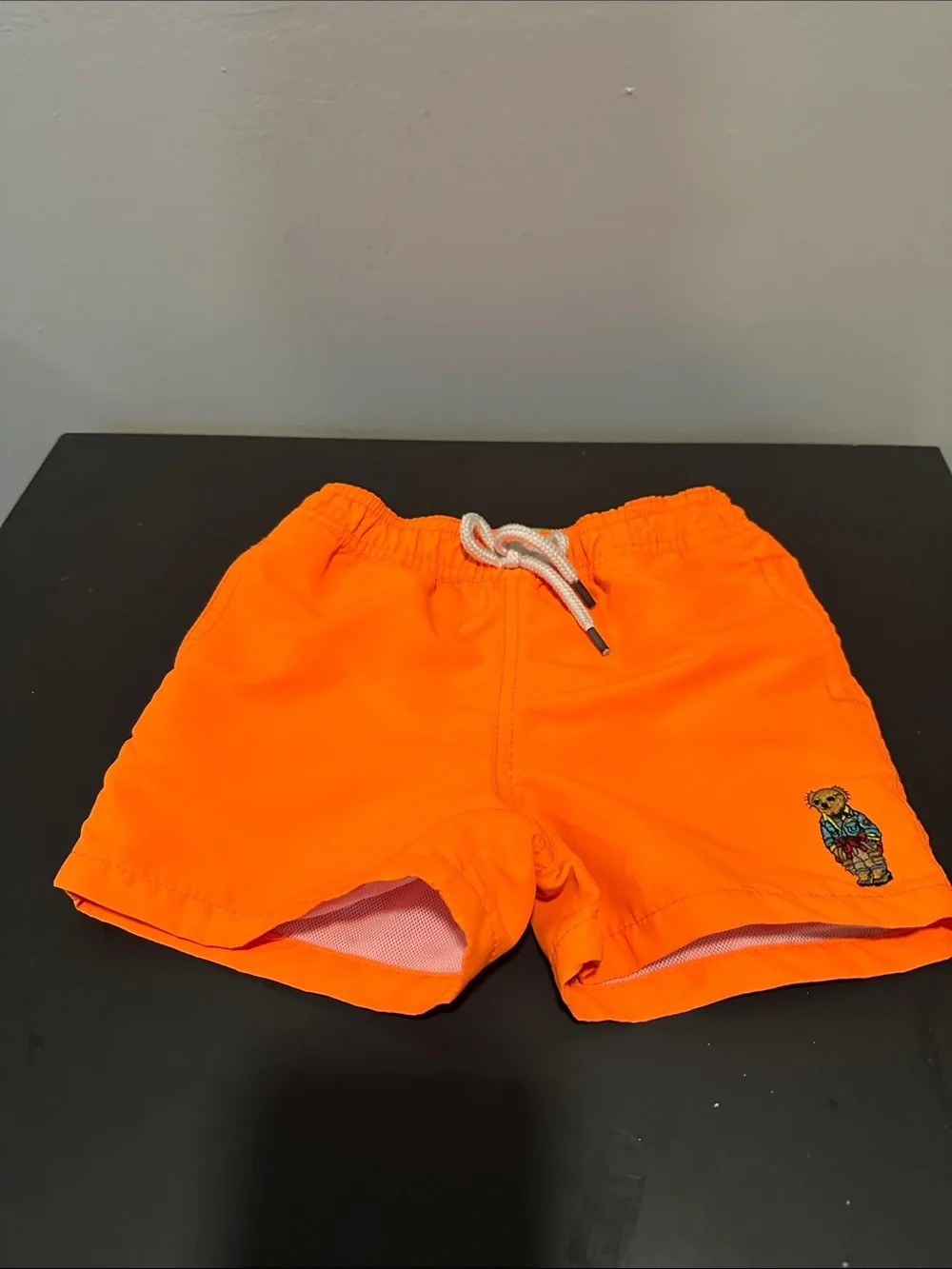 Ralph Lauren Orange Kids Swim Trunks with Teddy logo. Size 9-12 months
